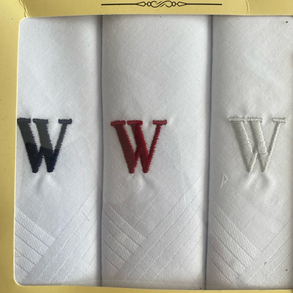 W monogram 100% Cotton Fine Handkerchiefs. New, still in box set of 2.